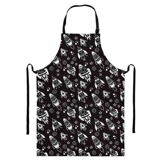 Black And White Rocket Pattern Print Bib Apron With Pocket