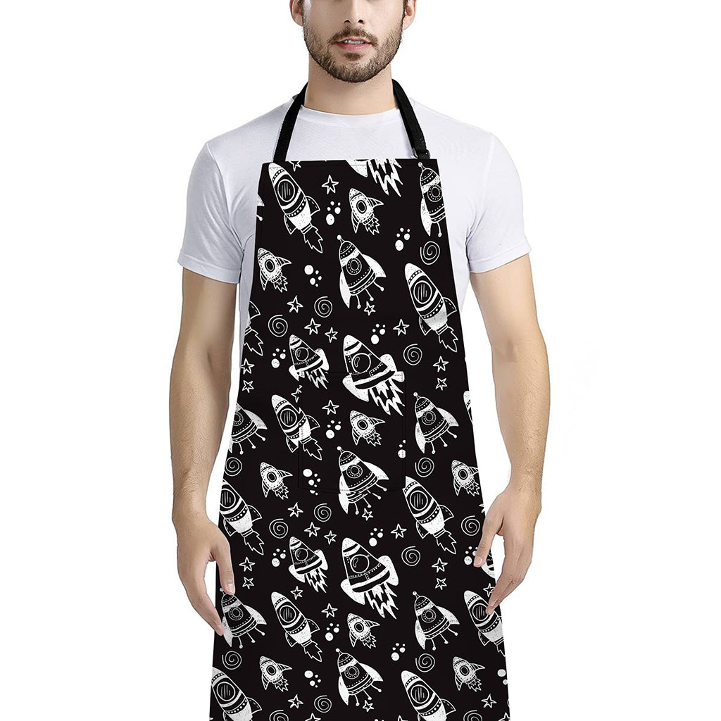 Black And White Rocket Pattern Print Bib Apron With Pocket