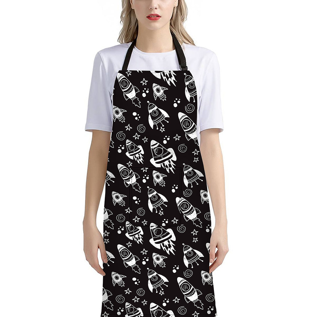 Black And White Rocket Pattern Print Bib Apron With Pocket