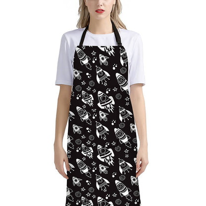 Black And White Rocket Pattern Print Bib Apron With Pocket
