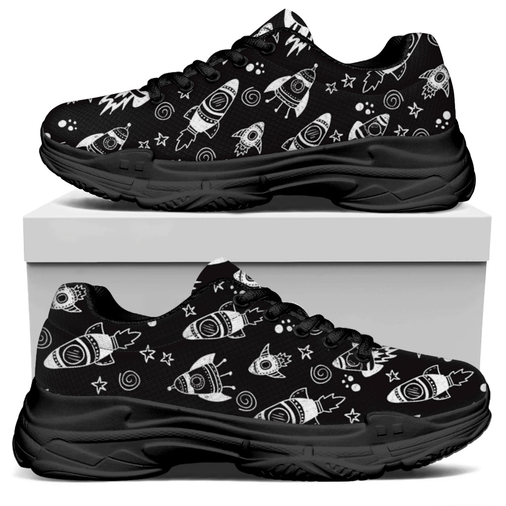 Black And White Rocket Pattern Print Black Chunky Shoes