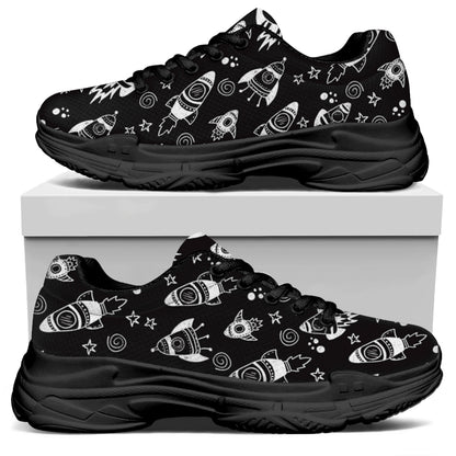 Black And White Rocket Pattern Print Black Chunky Shoes