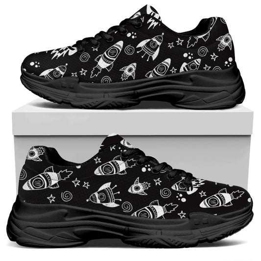 Black And White Rocket Pattern Print Black Chunky Shoes
