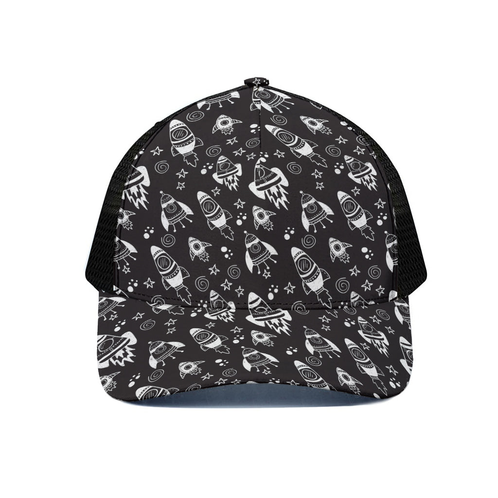 Black And White Rocket Pattern Print Black Mesh Trucker Cap