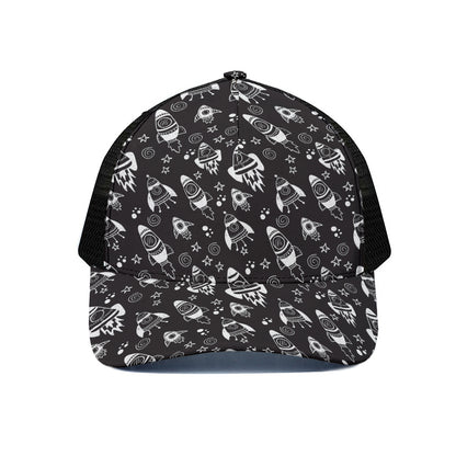 Black And White Rocket Pattern Print Black Mesh Trucker Cap