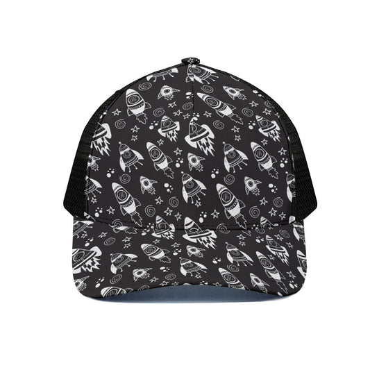 Black And White Rocket Pattern Print Black Mesh Trucker Cap