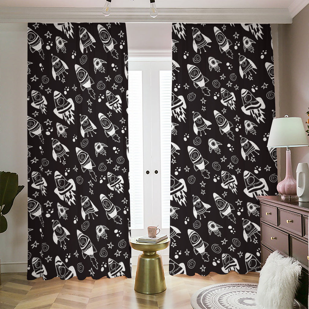 Black And White Rocket Pattern Print Blackout Pencil Pleat Curtains