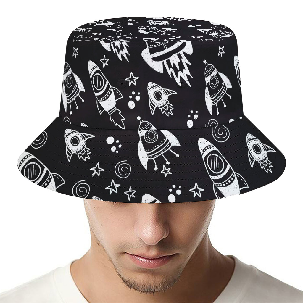 Black And White Rocket Pattern Print Bucket Hat