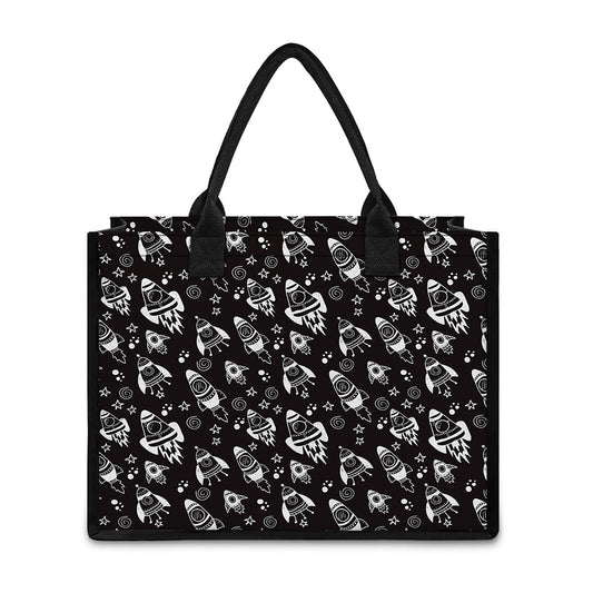 Black And White Rocket Pattern Print Canvas Tote Bag