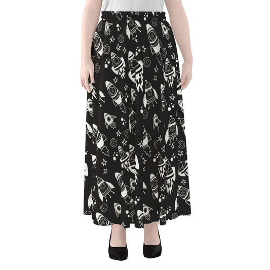Black And White Rocket Pattern Print Chiffon Maxi Skirt