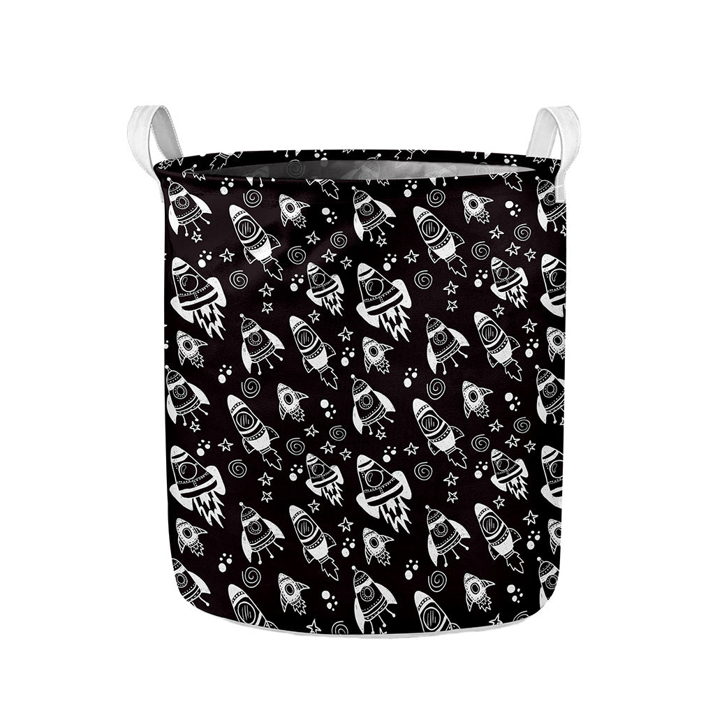 Black And White Rocket Pattern Print Collapsible Laundry Basket