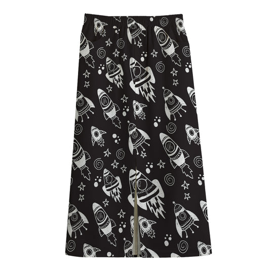 Black And White Rocket Pattern Print Cotton Front Slit Maxi Skirt