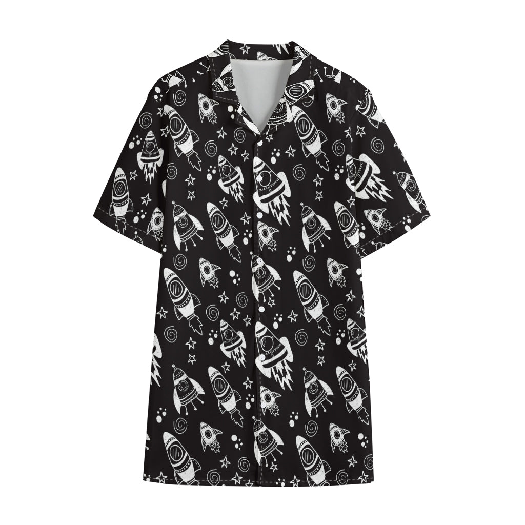 Black And White Rocket Pattern Print Cotton Hawaiian Shirt