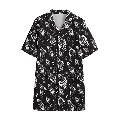 Black And White Rocket Pattern Print Cotton Hawaiian Shirt