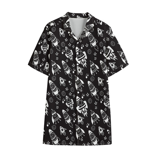 Black And White Rocket Pattern Print Cotton Hawaiian Shirt