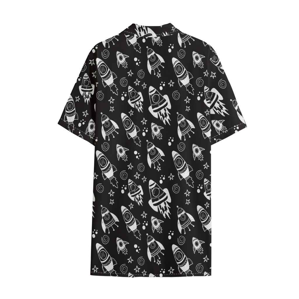 Black And White Rocket Pattern Print Cotton Hawaiian Shirt