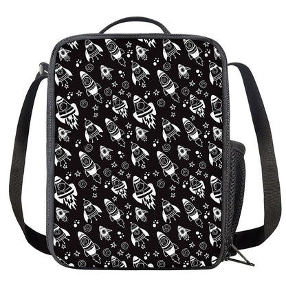 Black And White Rocket Pattern Print Crossbody Lunch Bag