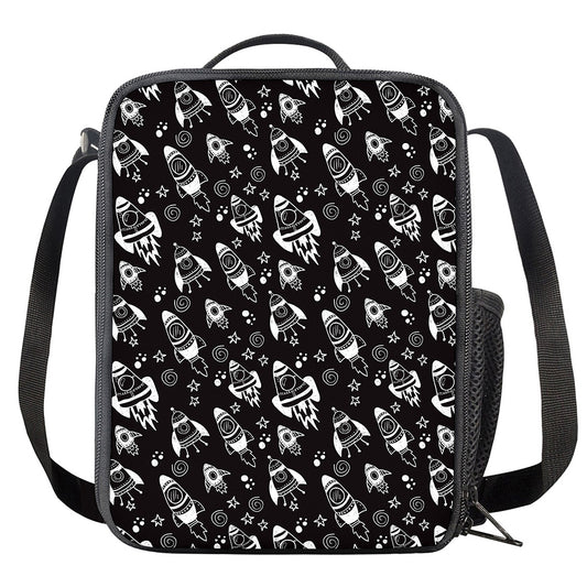 Black And White Rocket Pattern Print Crossbody Lunch Bag