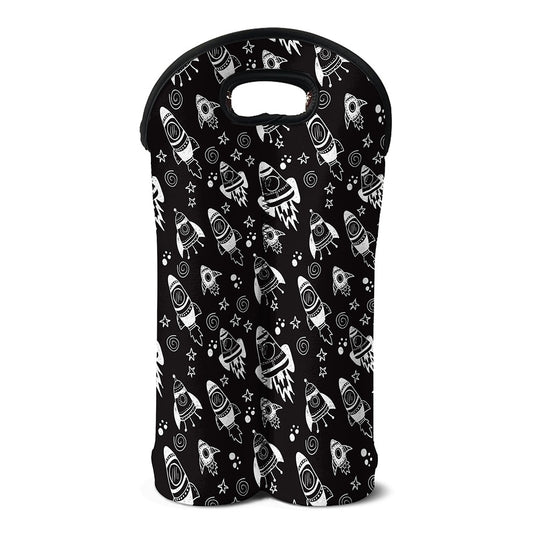 Black And White Rocket Pattern Print Double Neoprene Wine Tote