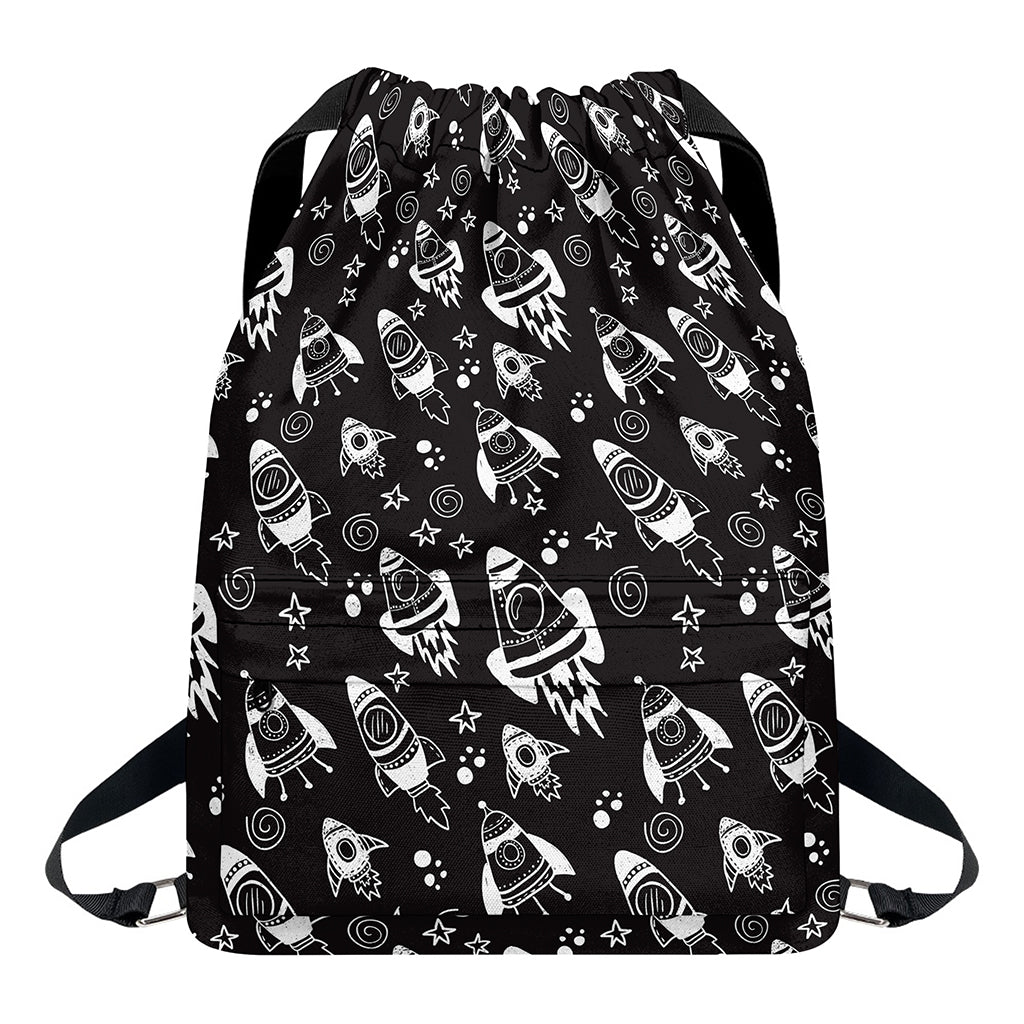 Black And White Rocket Pattern Print Drawstring Backpack