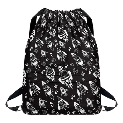 Black And White Rocket Pattern Print Drawstring Backpack