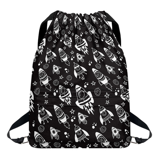 Black And White Rocket Pattern Print Drawstring Backpack