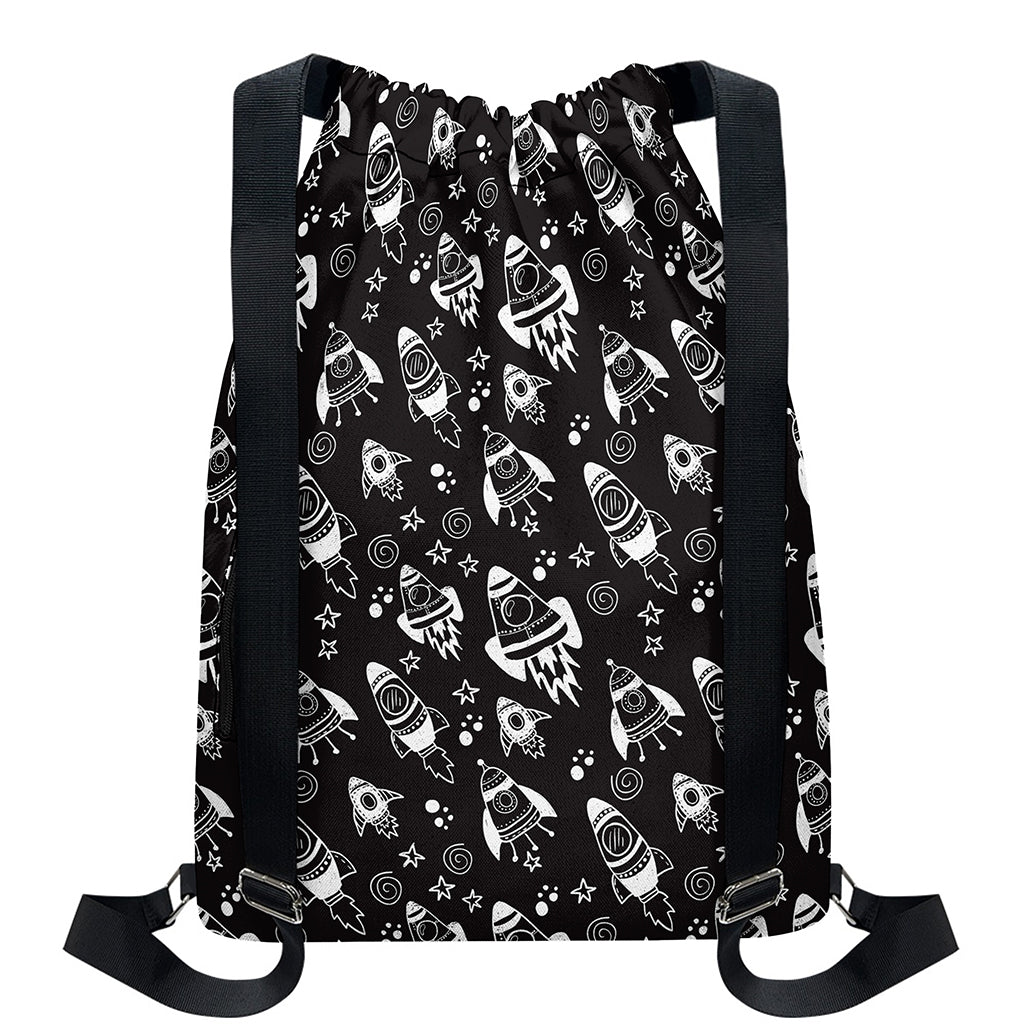 Black And White Rocket Pattern Print Drawstring Backpack