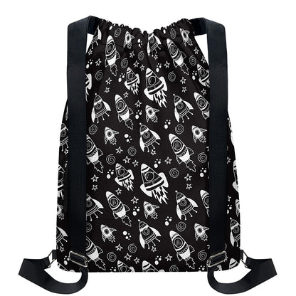 Black And White Rocket Pattern Print Drawstring Backpack
