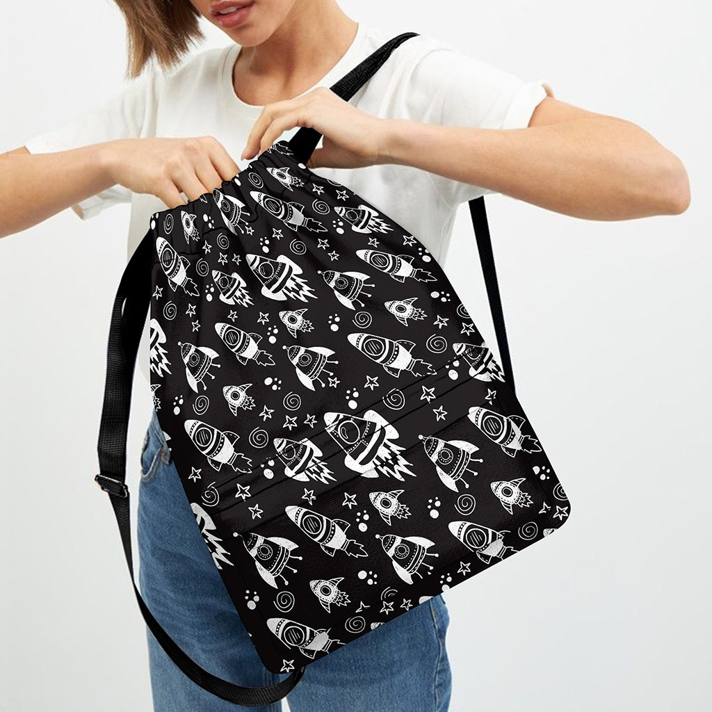 Black And White Rocket Pattern Print Drawstring Backpack