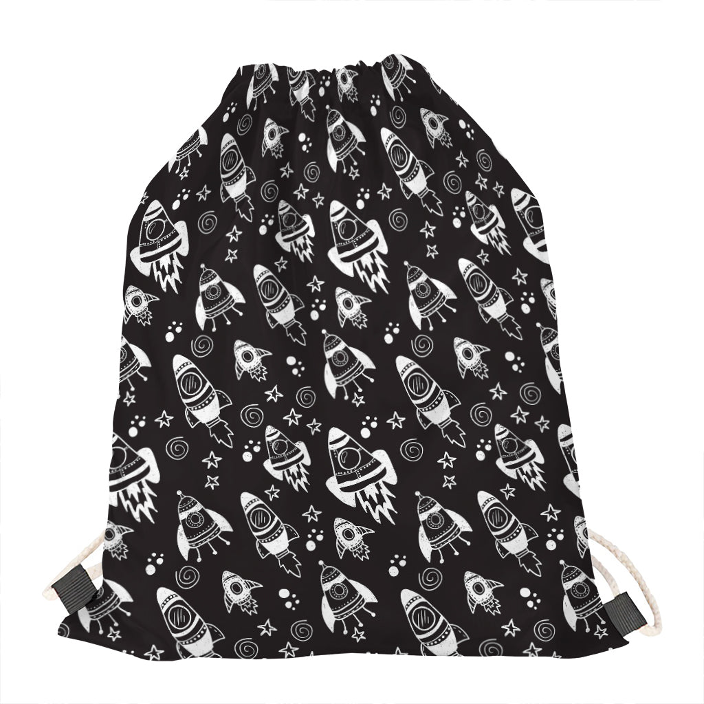 Black And White Rocket Pattern Print Drawstring Bag