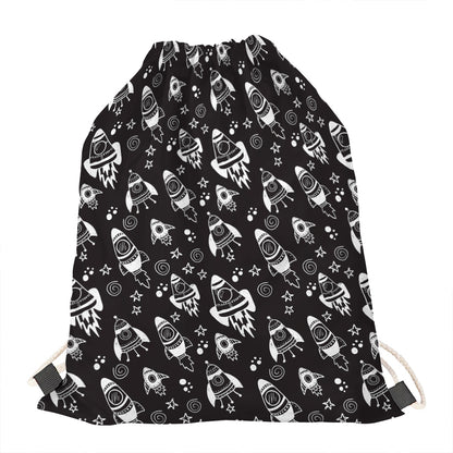 Black And White Rocket Pattern Print Drawstring Bag