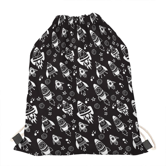 Black And White Rocket Pattern Print Drawstring Bag