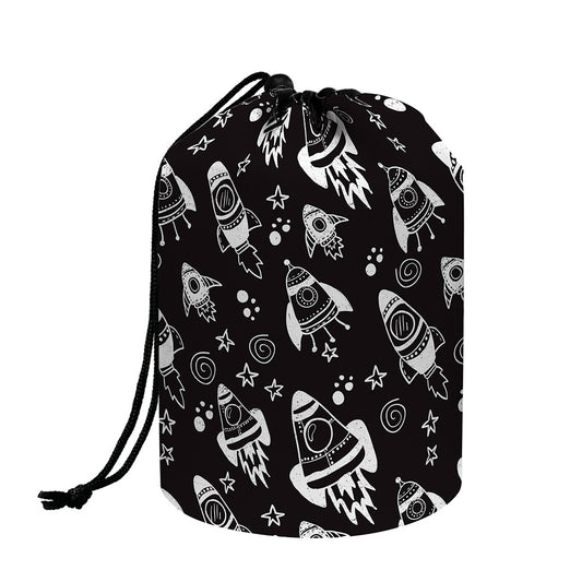 Black And White Rocket Pattern Print Drawstring Makeup Bag