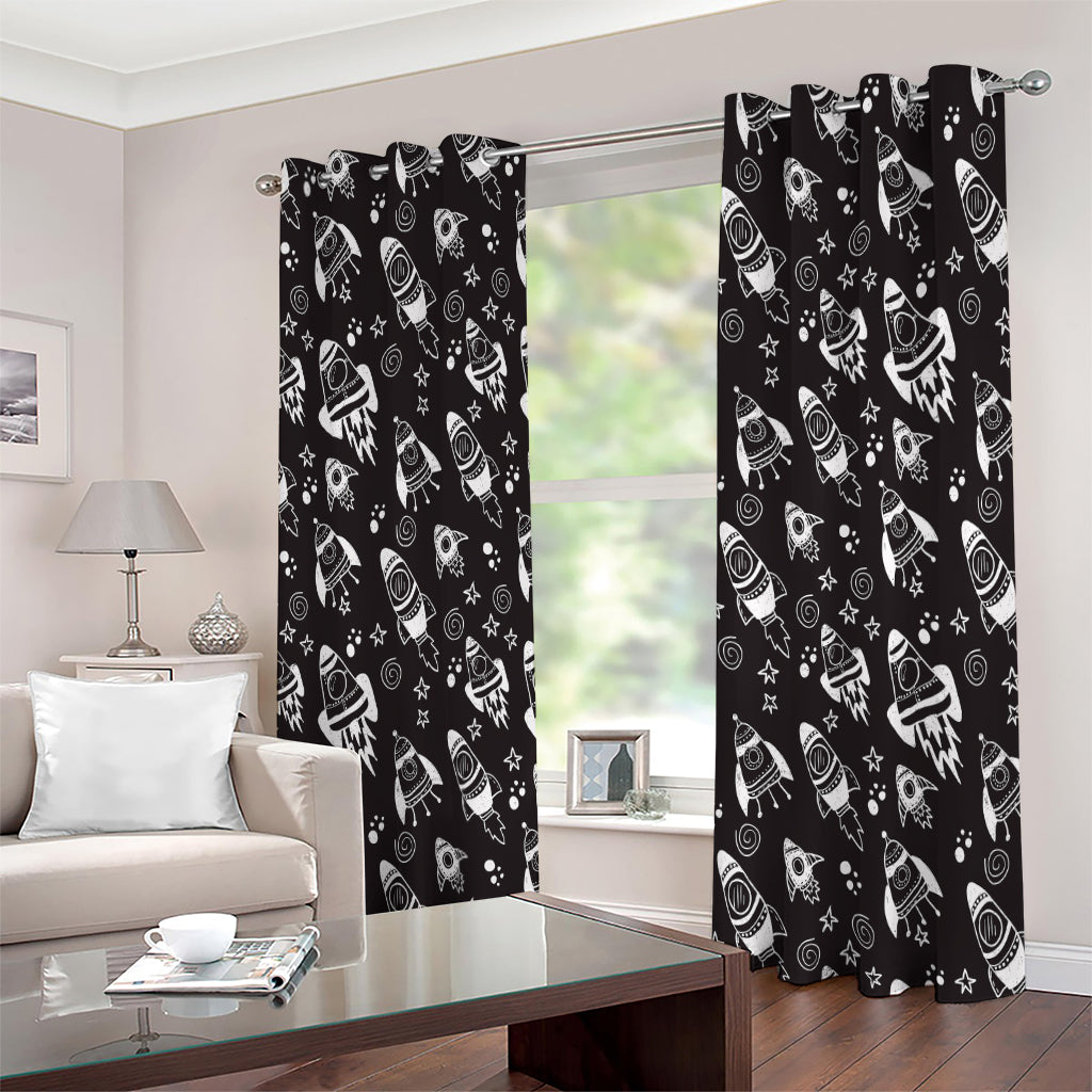 Black And White Rocket Pattern Print Extra Wide Grommet Curtains