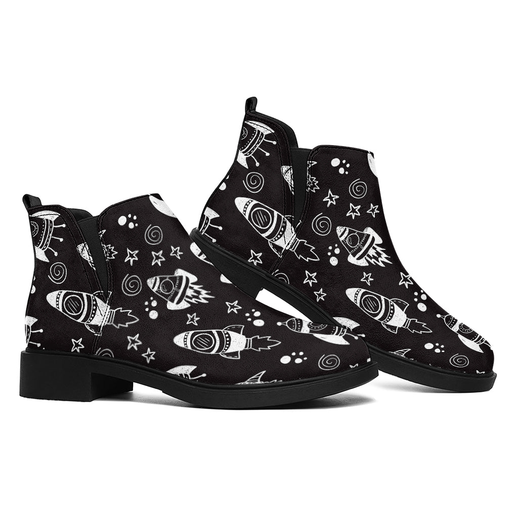 Black And White Rocket Pattern Print Flat Ankle Boots