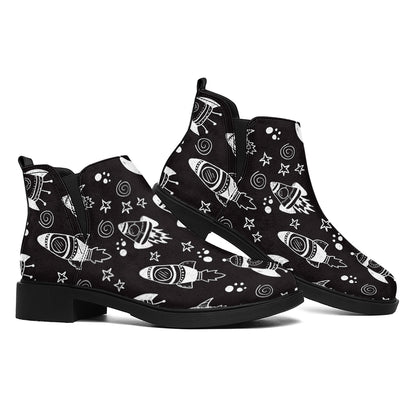 Black And White Rocket Pattern Print Flat Ankle Boots