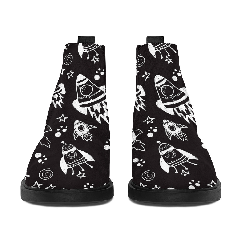 Black And White Rocket Pattern Print Flat Ankle Boots