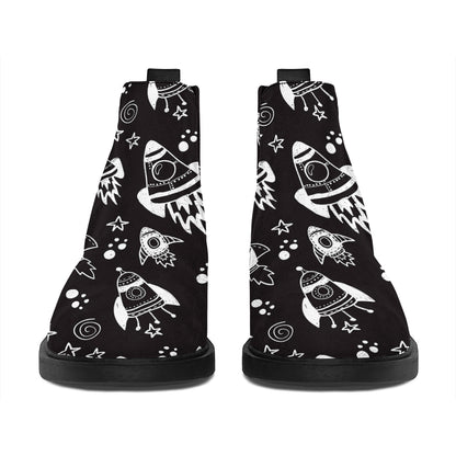 Black And White Rocket Pattern Print Flat Ankle Boots