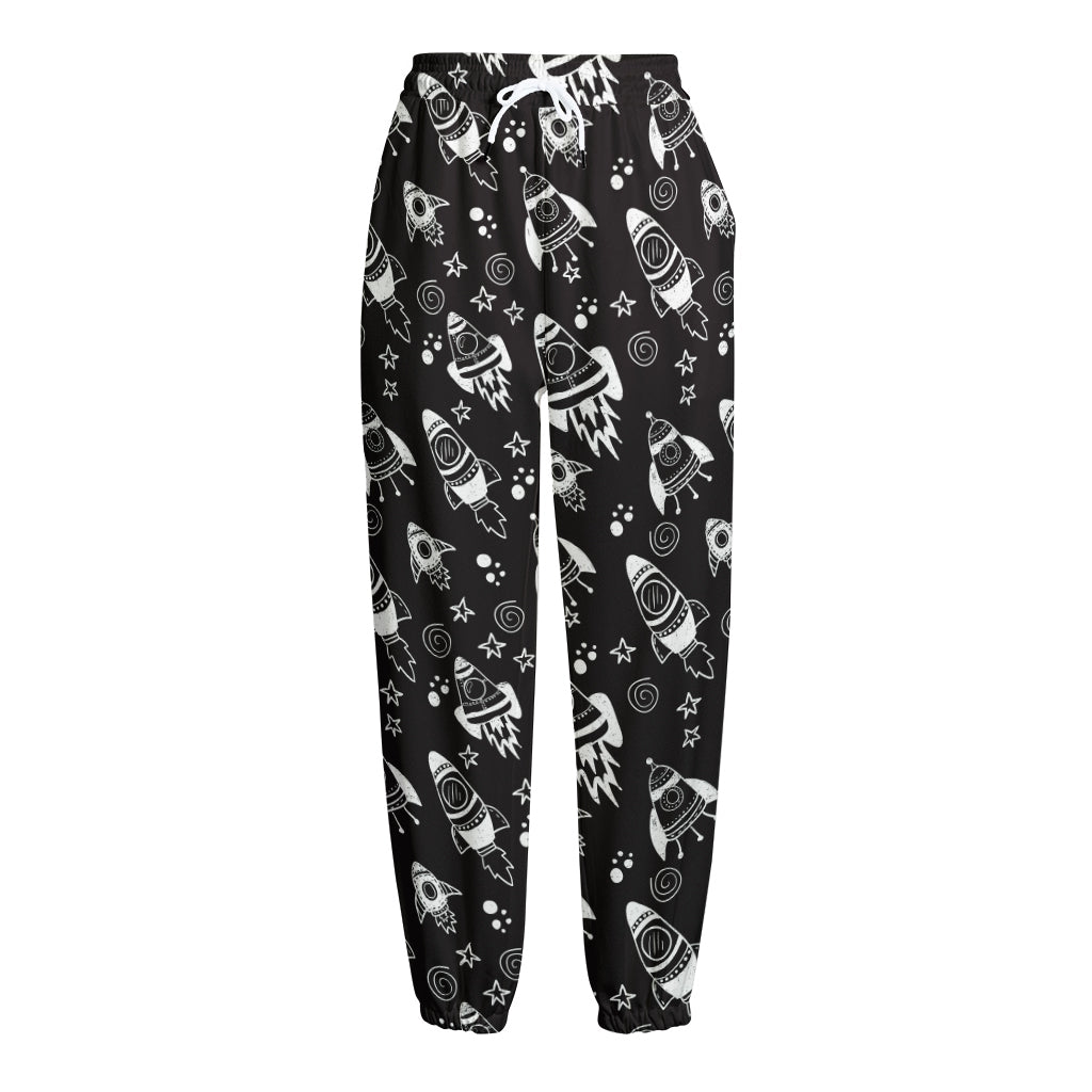 Black And White Rocket Pattern Print Fleece Lined Knit Pants