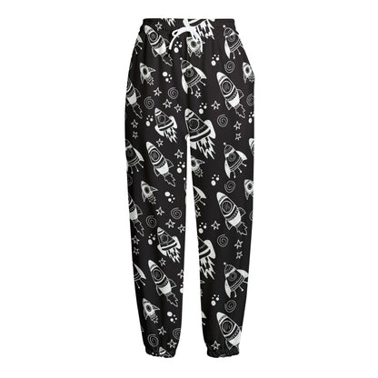 Black And White Rocket Pattern Print Fleece Lined Knit Pants