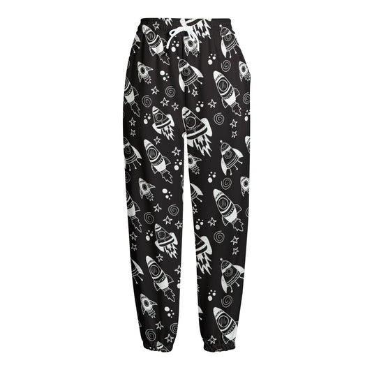 Black And White Rocket Pattern Print Fleece Lined Knit Pants