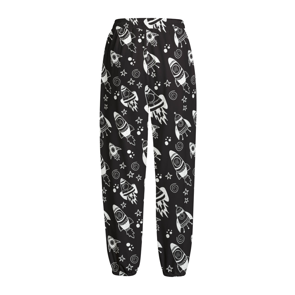Black And White Rocket Pattern Print Fleece Lined Knit Pants