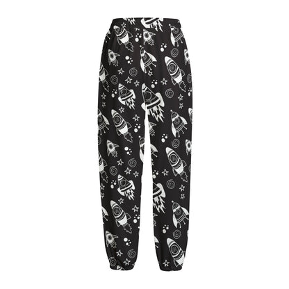 Black And White Rocket Pattern Print Fleece Lined Knit Pants
