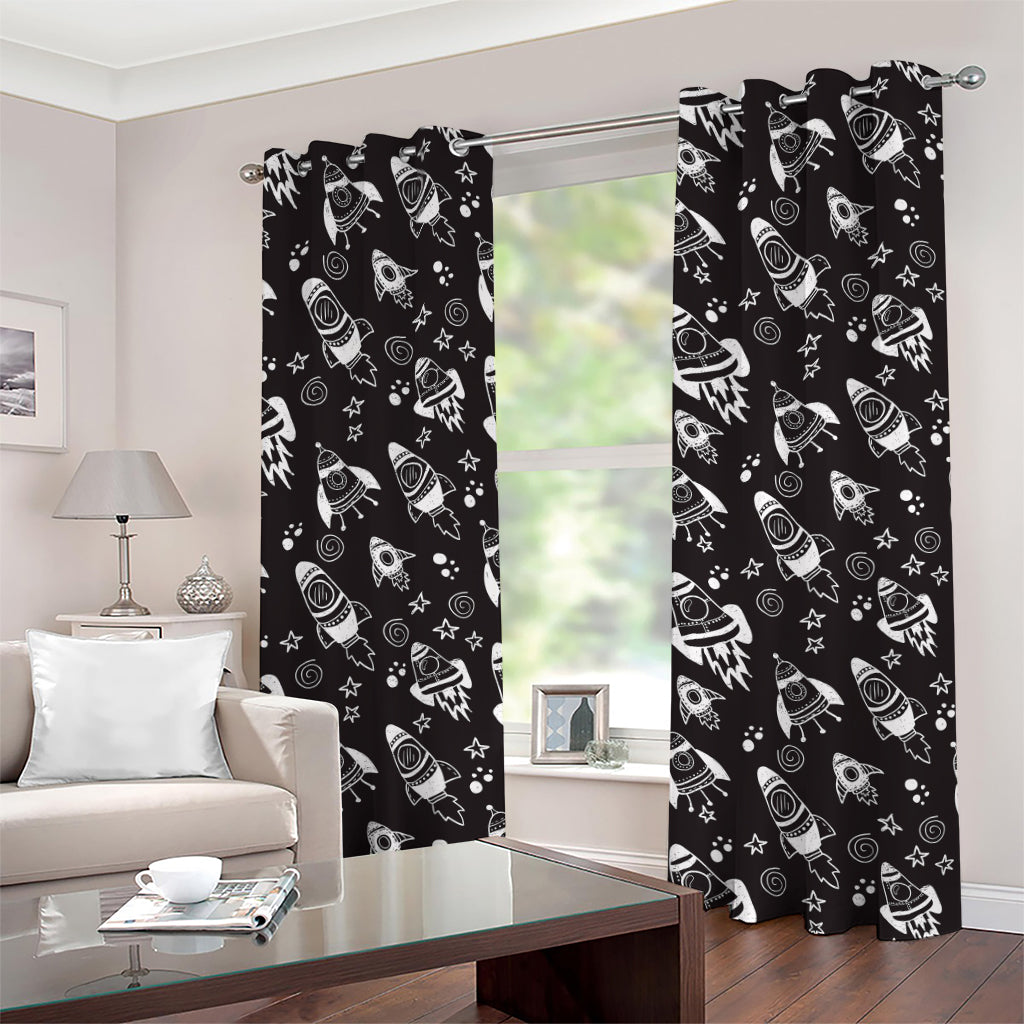 Black And White Rocket Pattern Print Grommet Curtains