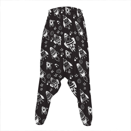 Black And White Rocket Pattern Print Hammer Pants