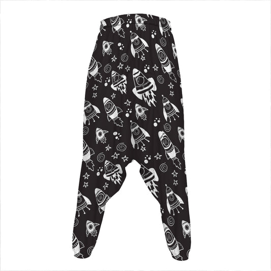 Black And White Rocket Pattern Print Hammer Pants