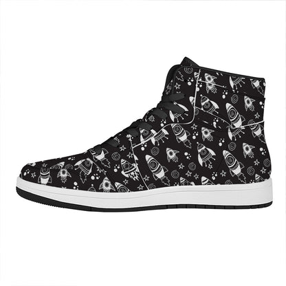 Black And White Rocket Pattern Print High Top Leather Sneakers