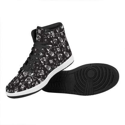 Black And White Rocket Pattern Print High Top Leather Sneakers