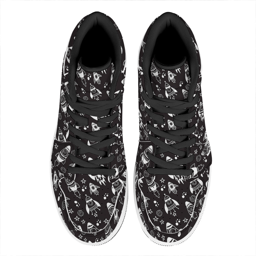 Black And White Rocket Pattern Print High Top Leather Sneakers