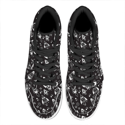 Black And White Rocket Pattern Print High Top Leather Sneakers